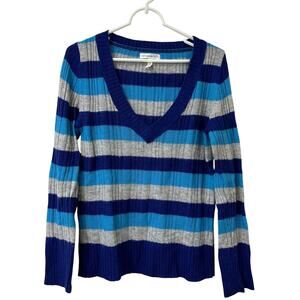 Aeropostale Womens Large Angora Blend Blue & Gray Striped V Neck Sweater Preppy
